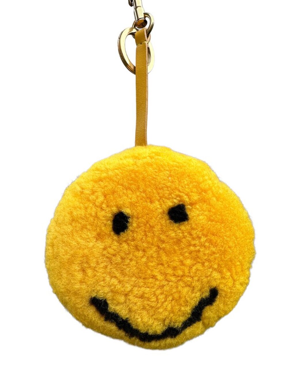 Anya Hindmarch Smiley Face Bag Charm Keychain Yellow Shearling Gold Hardware